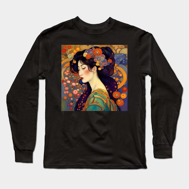 Beautiful Asian Art Nouveau Woman with Flowers Long Sleeve T-Shirt by LittleBean